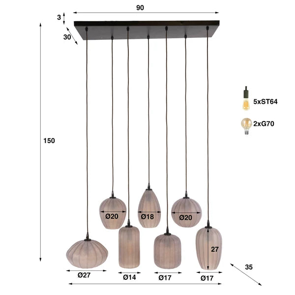 Hanglamp Elyra - 7-lichts - Frosted Bruin - Matglas (Internet Retour)