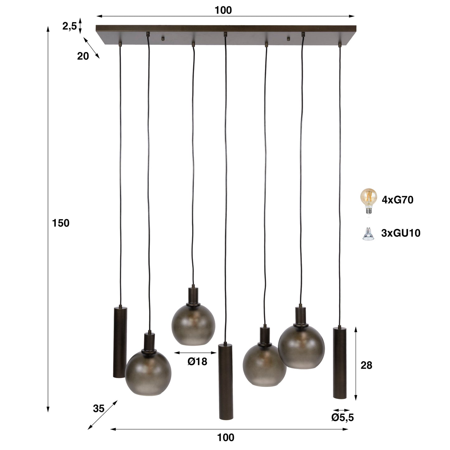 Hanglamp Luneo - 7-lichts - Brons - Matglas (Internet retour)