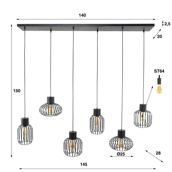 Hanglamp Xenia - 6-lichts - Antraciet - Metaal (Internet retour)