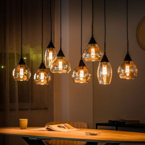 Hanglamp zwart amber glas 8-lichts - Lungo Retour24