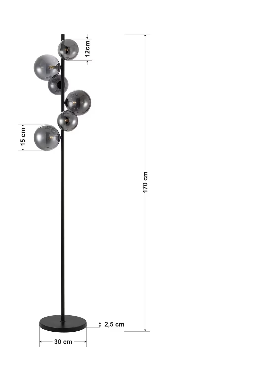Vloerlamp 6-lamps, Glas, kleur Smoke (internet retour)