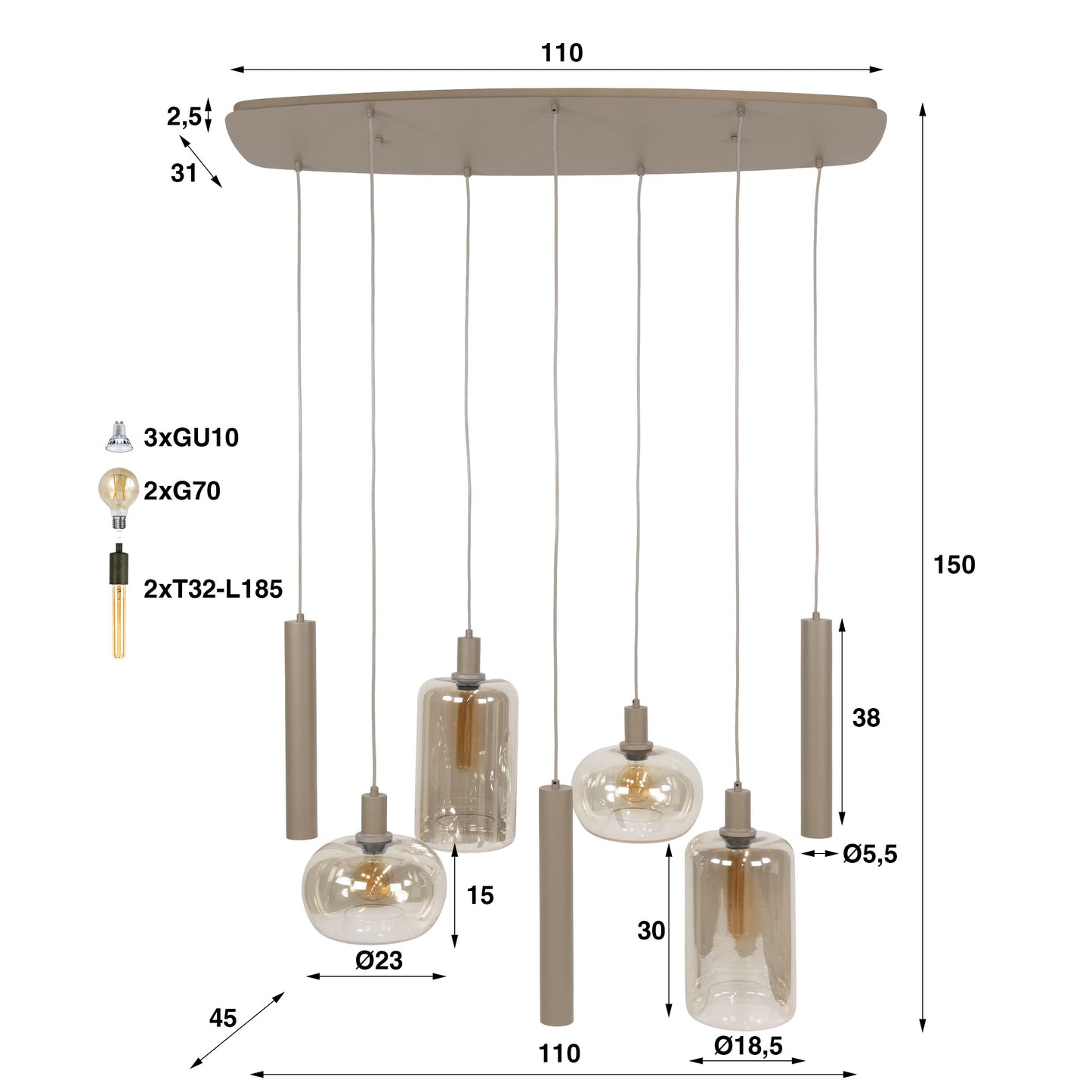 Hanglamp Avelore - 7-lichts - Amberglas (Internet retour)