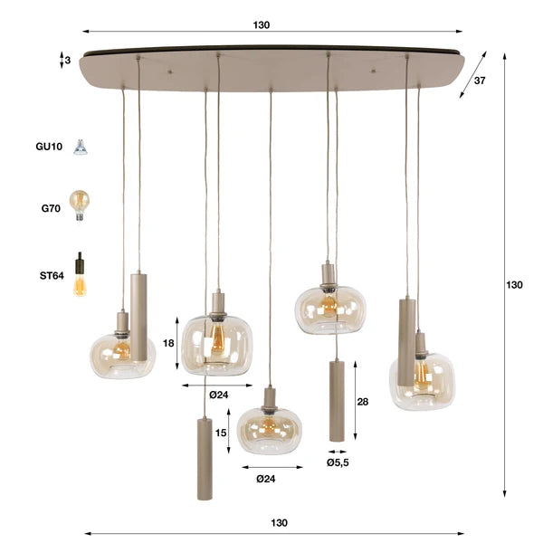 Hanglamp Avelore - 9-lichts - Beige - Amberglas - Met Spots (internet retour)