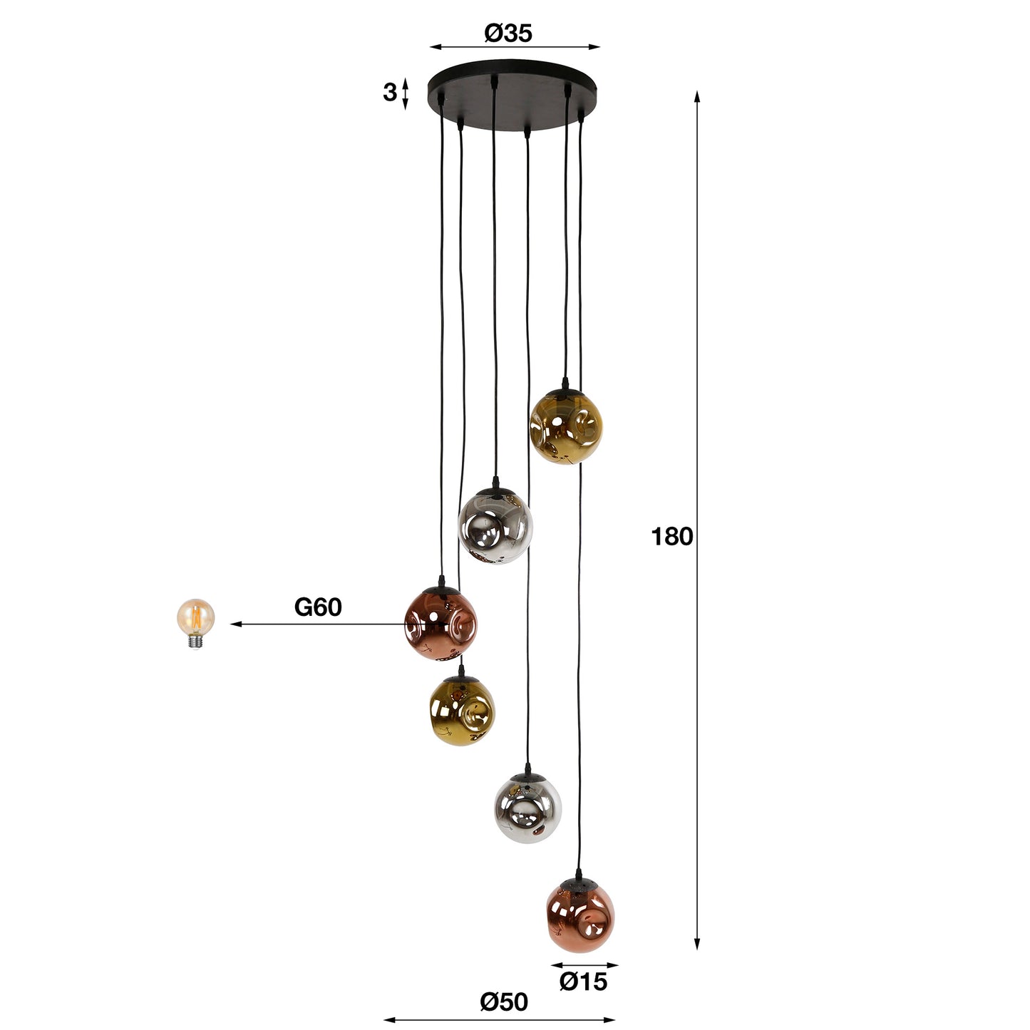 Hanglamp Petra - 6-lichts - Amber Mix (Internet retour)