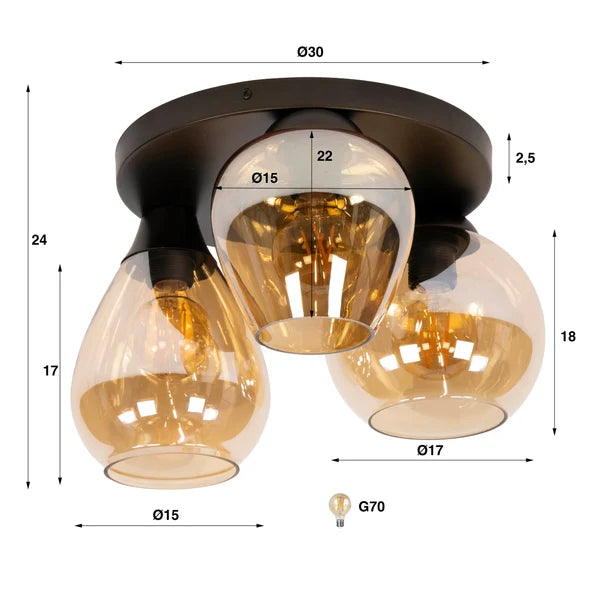 Plafondlamp Noa - 3-lichts - Amberkleurig - Glas (Internet retour)