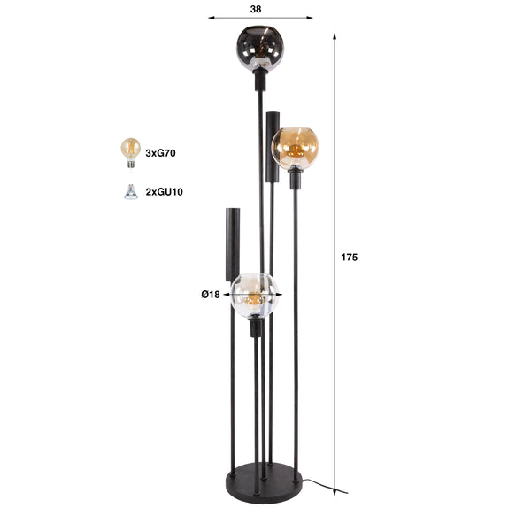 Vloerlamp Luneo - 5-lichts - Amber Mix - 175 cm - Met Spots (Internet retour)