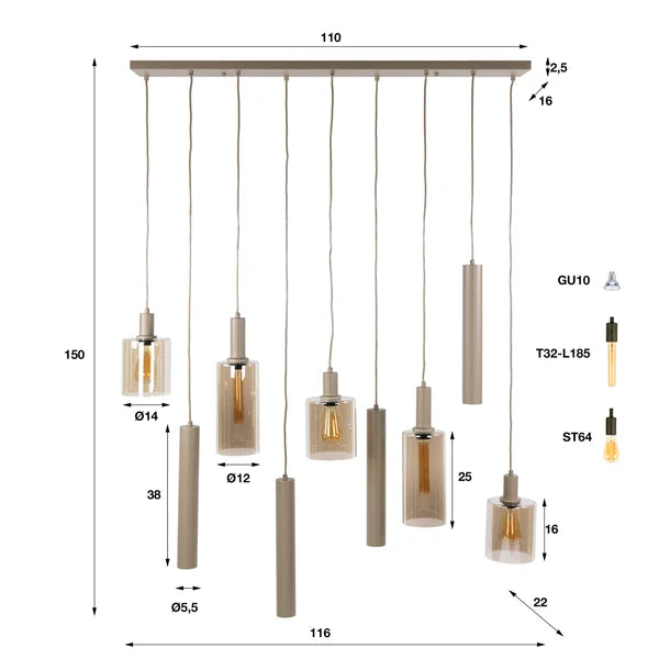 Hanglamp Lucaro - 9-lichts - Beige - Amberglas - Met Spots (internet retour)