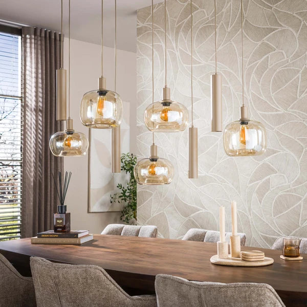 Hanglamp Avelore - 9-lichts - Beige - Amberglas - Met Spots (internet retour)