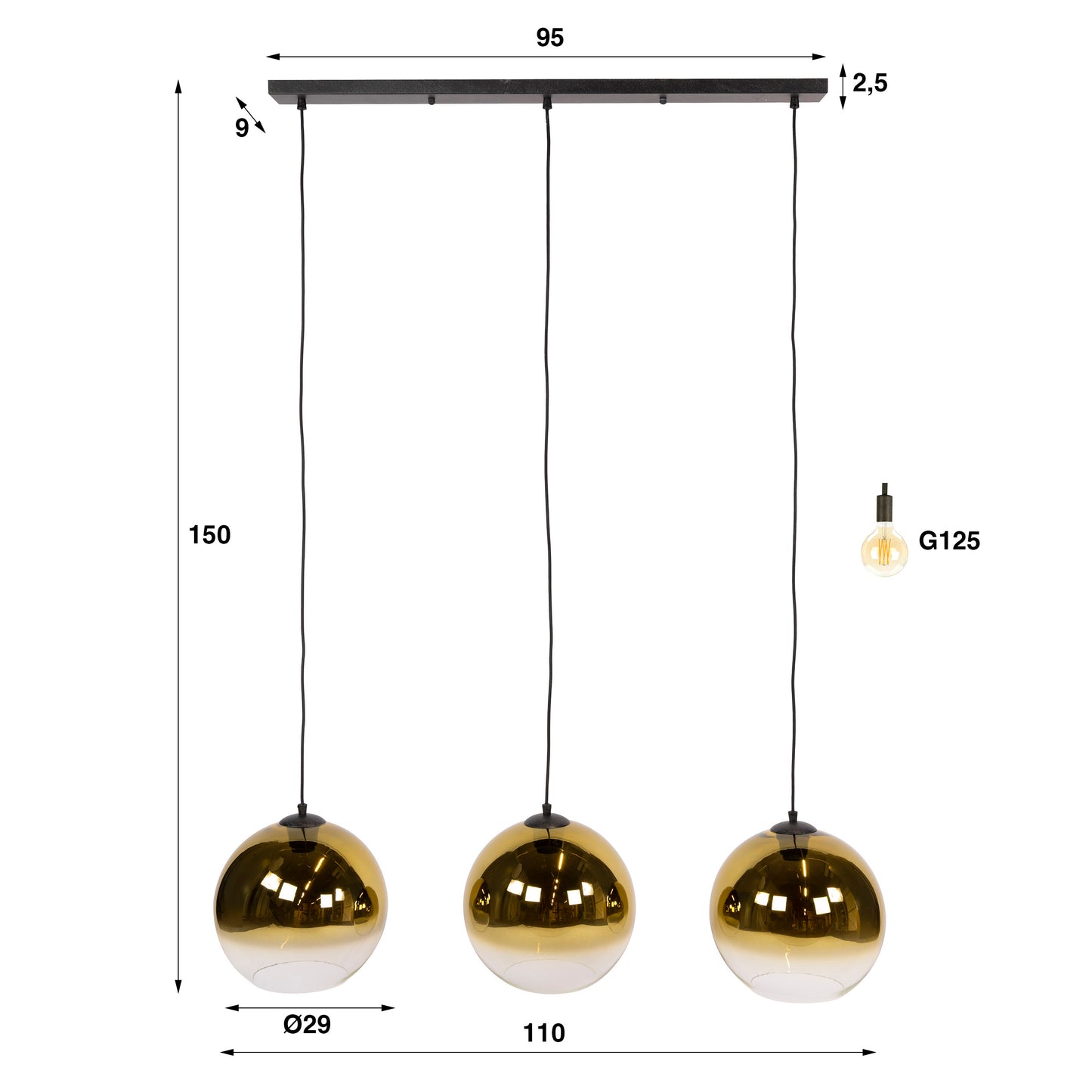 Hanglamp Hudson - 3-lichts - Goud (Internet retour)