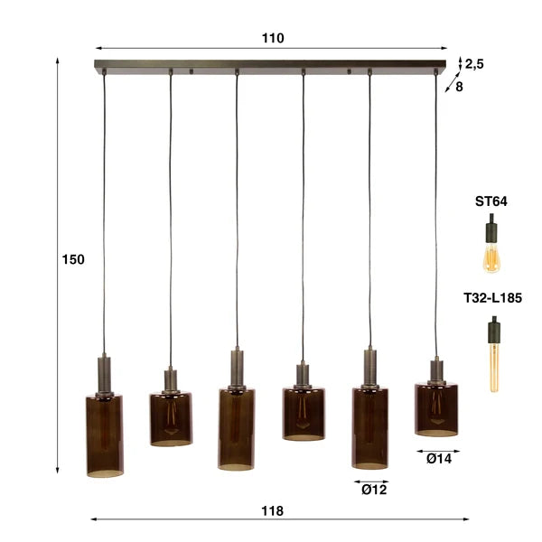 Hanglamp Lucaro - 6-lichts - Brons - Glas (internet retour)