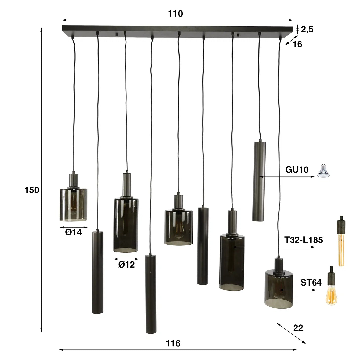 Hanglamp Lucaro - 9-lichts - Brons (Internet retour)