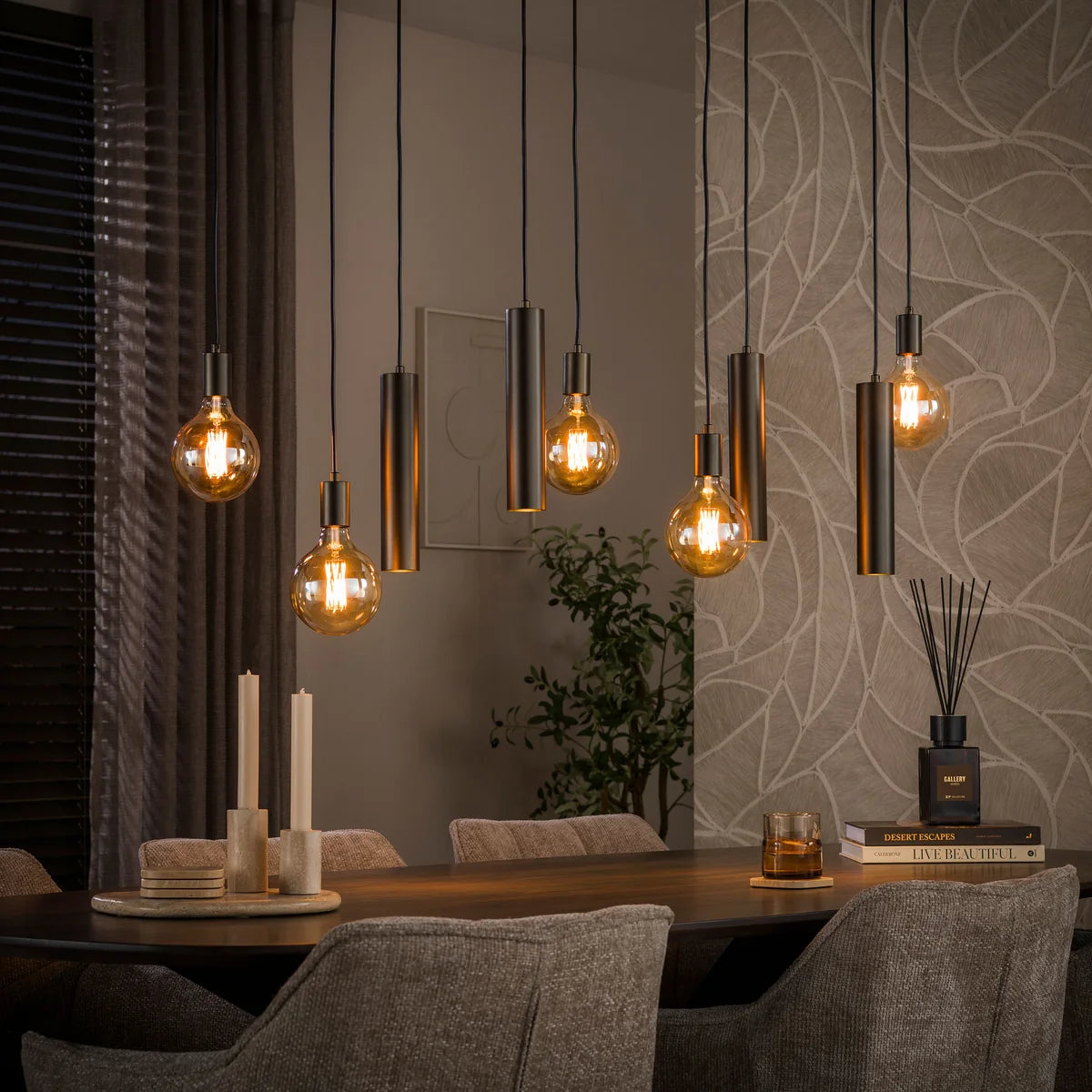 Hanglamp Soley - 9-lichts - Brons - Amberglas - Met Spots (internet retour)