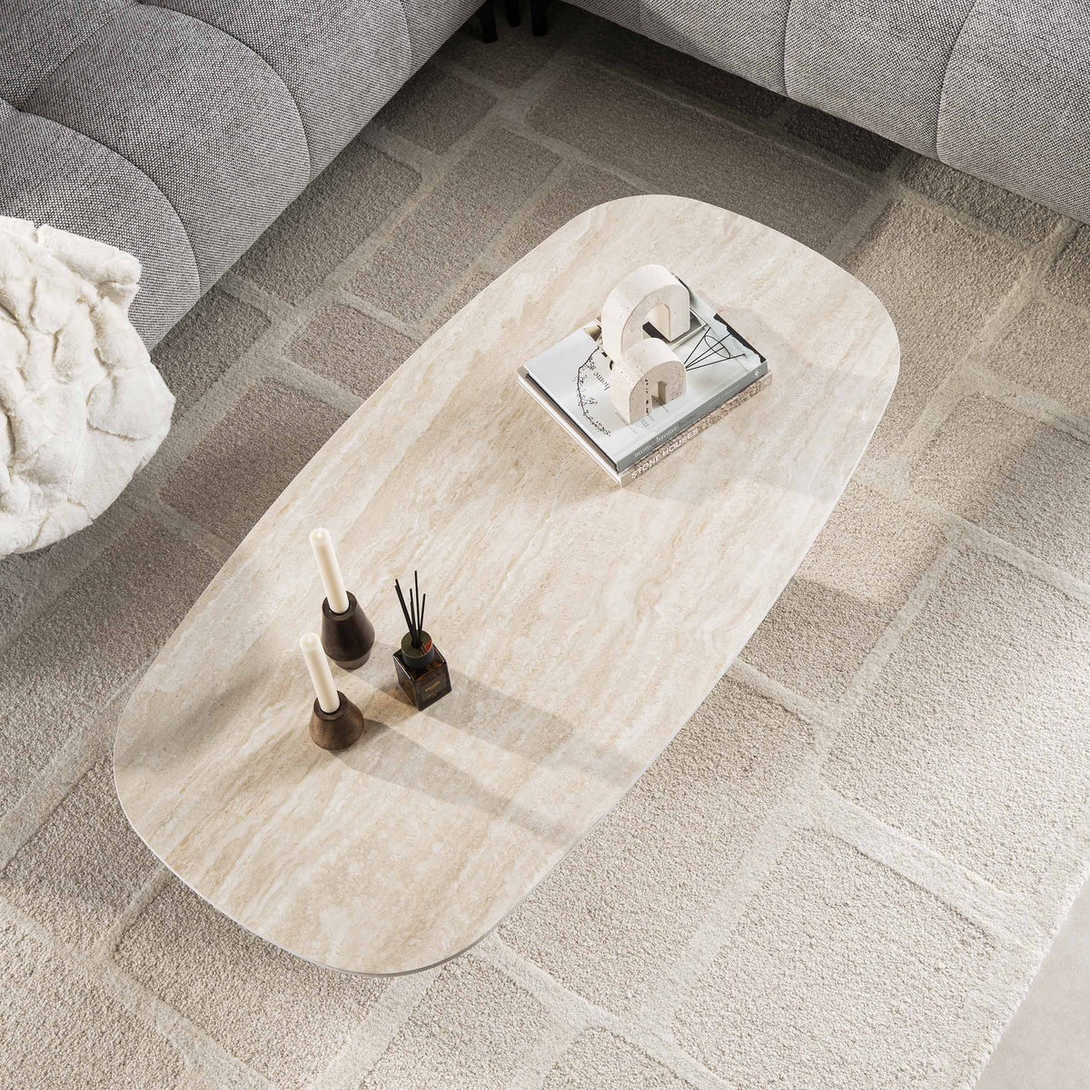 Deens Ovale Salontafel Centro Keramiek in Travertinlook 135 x 70cm